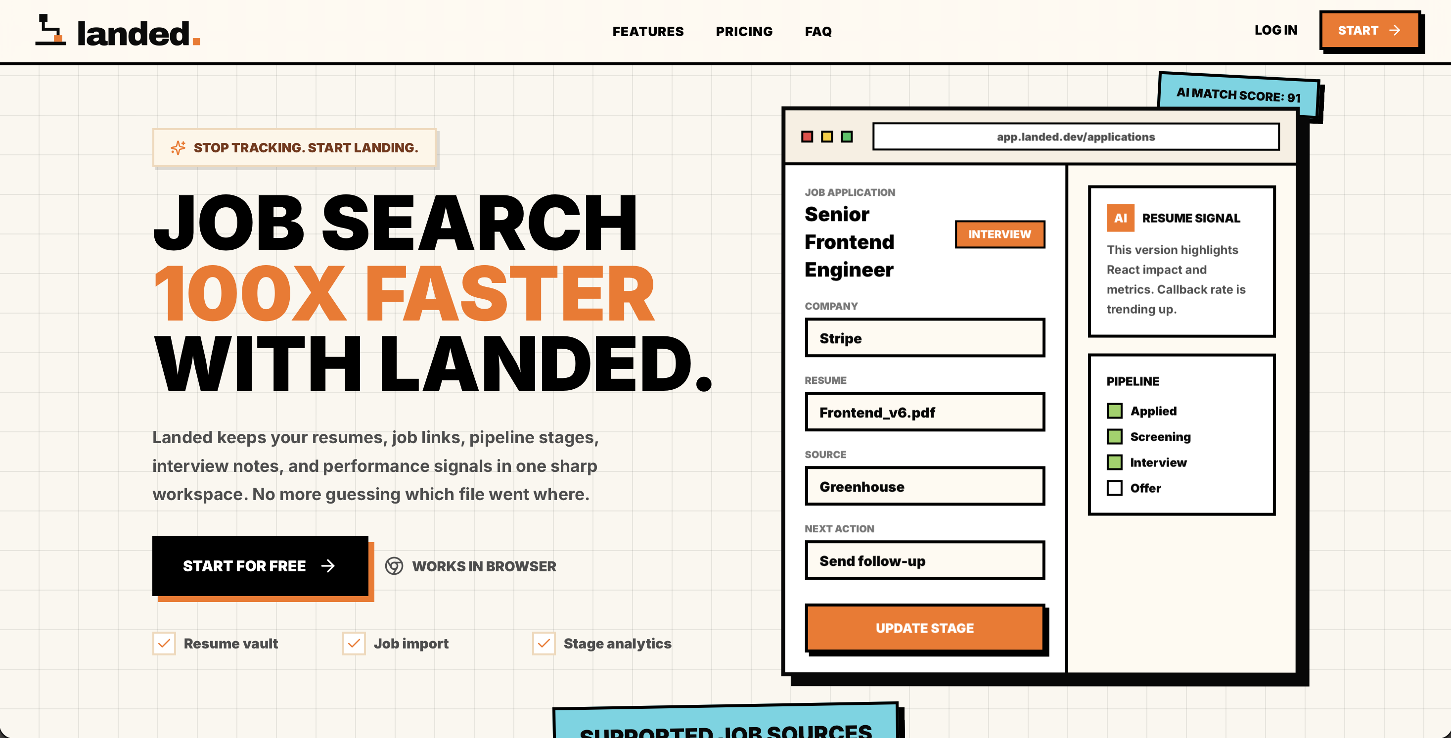 Landed homepage showing its job search workspace