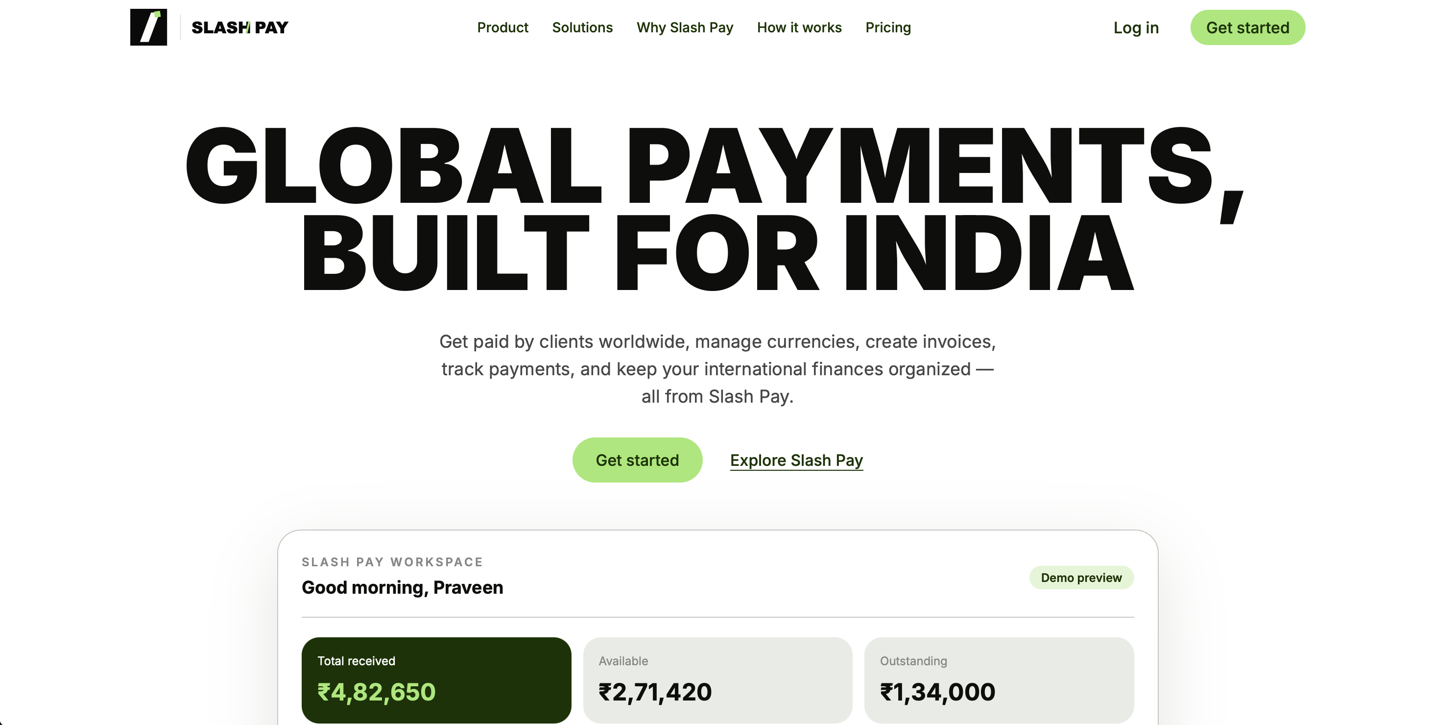 Slash Pay homepage showing its global payments workspace